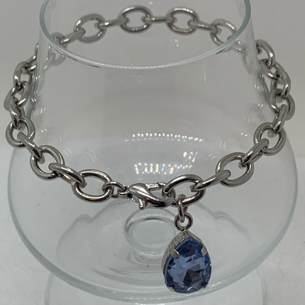 Vintage 7-1/2” Silver Bracelet With Blue Crystal Charm